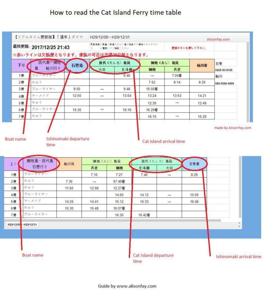 Japanese to English Translation of the Tashirojima Ferry Timetable that takes you to Japan's Cat Island