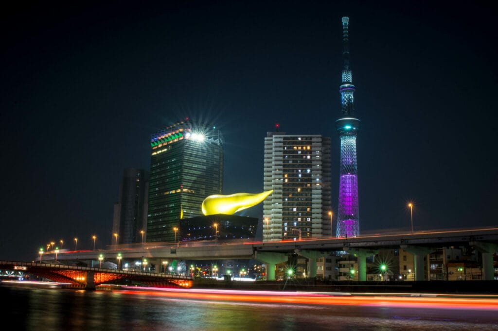 The Asahi Beer Company Building in Tokyo with the sky tree in the background