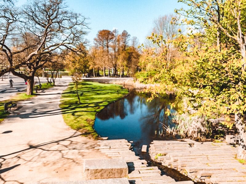 View of Vondelpark with green trees, and a lake