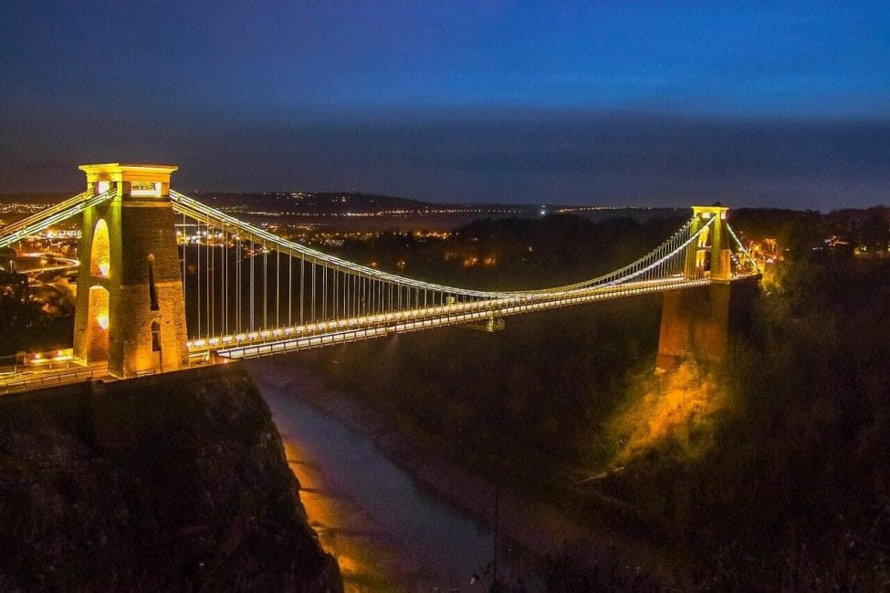 Photograph of Bristol's Clifton Suspension Bridge at night, Bristol Travel Guide