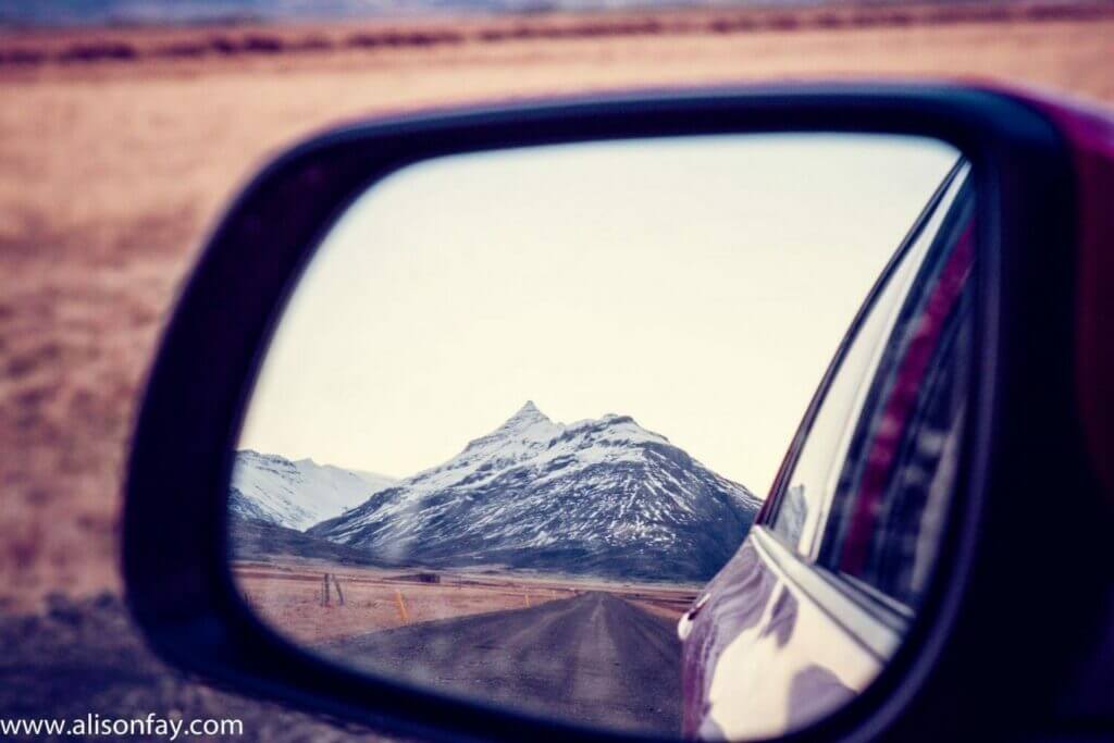 Mountain reflection in a wingmirror, in Iceland