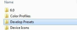 Select Develop Presets folder