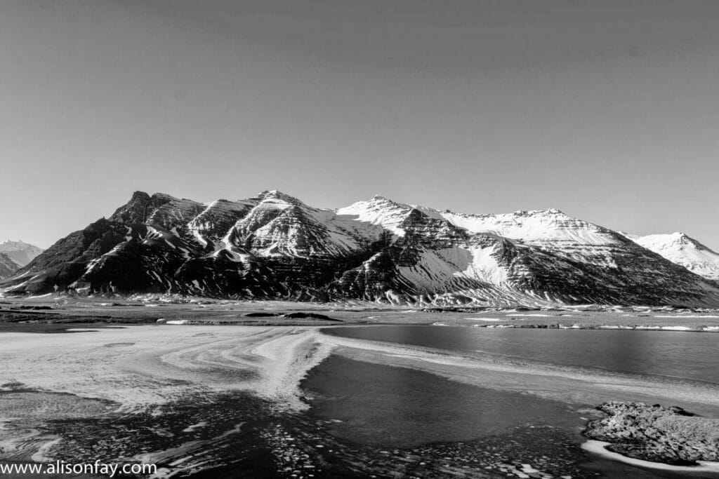 Monochrome photograph of mountains in Iceland