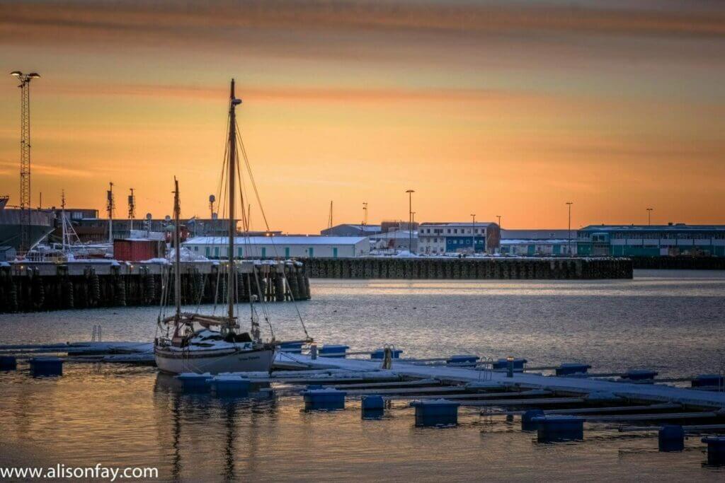 Reykjavik Harbor during sunset