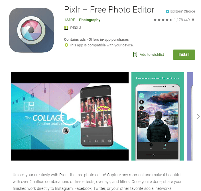 Screenshot of Pixlr app page on Google Play