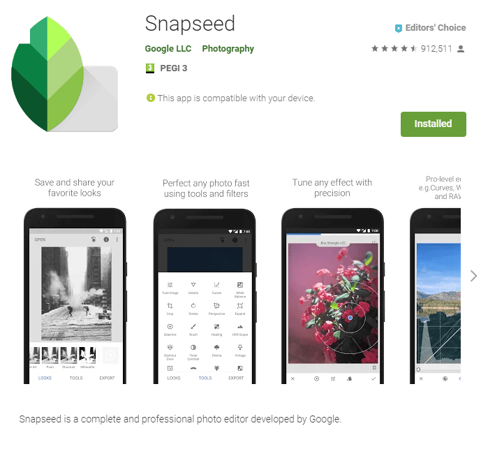 Screenshot of Snapseed app page on Google Play