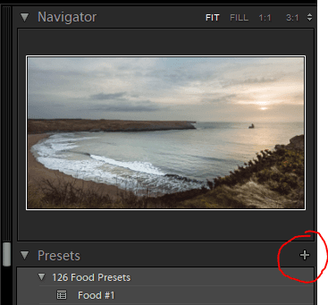 Screenshot of the Adobe Lightroom Preset option with the + button circled.