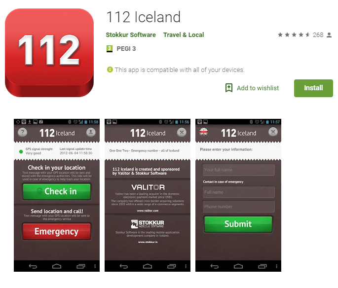 Screenshots of the Iceland 112 App