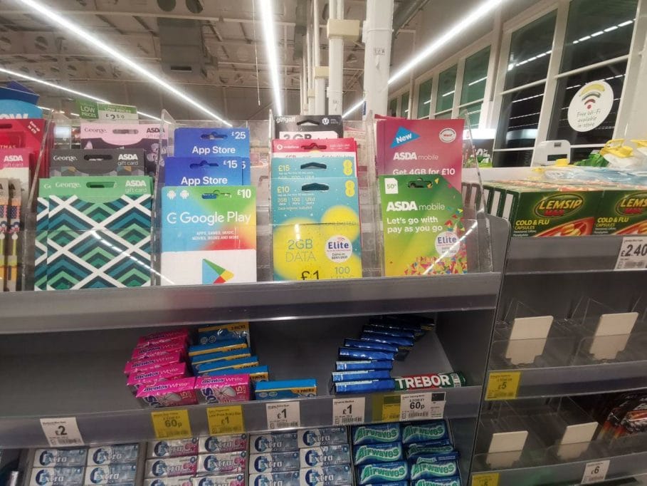 Prepaid UK Sim cards by the checkout in Asda