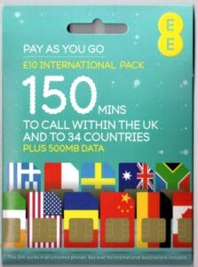 EE Pay as you go sim card packaging that reads: 150 mins, to call within the UK and to 34 countries plus 500MB data.