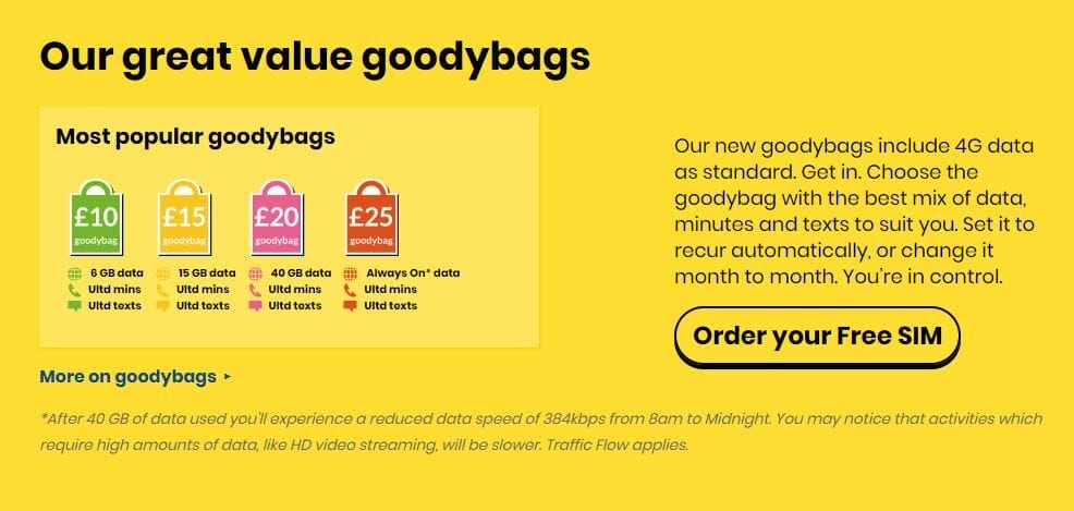Screenshot of Giffgaff's Goody Bag offers as of October 2019.