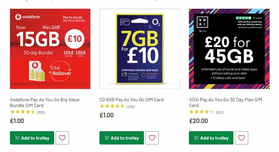 Screenshot of Vodafone, O2 and VOIX Sim cards on the Arogs website