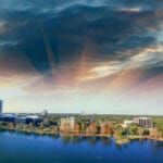 Orlando aerial view, skyline and Lake Eola at dusk.