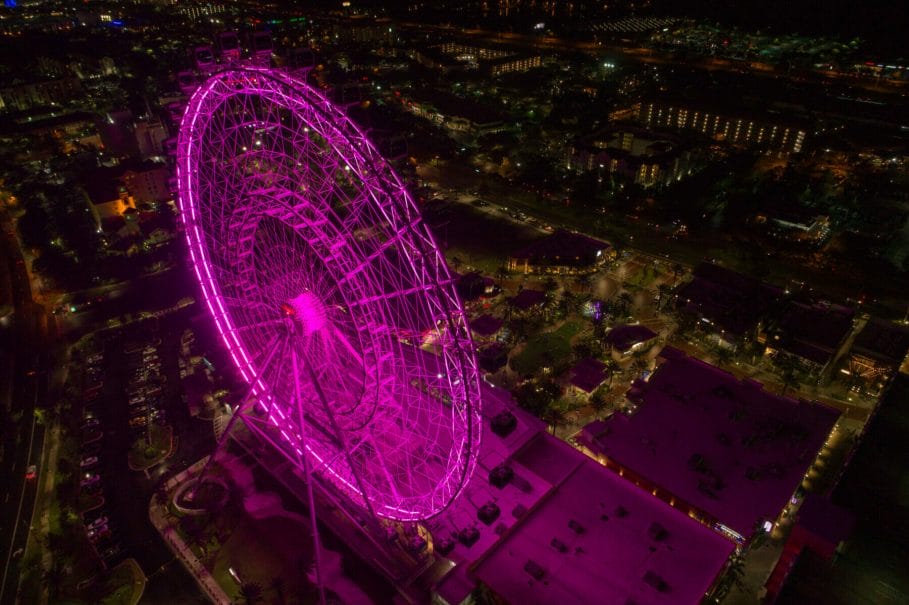 Night aerial image of the Orlando Eye Florida