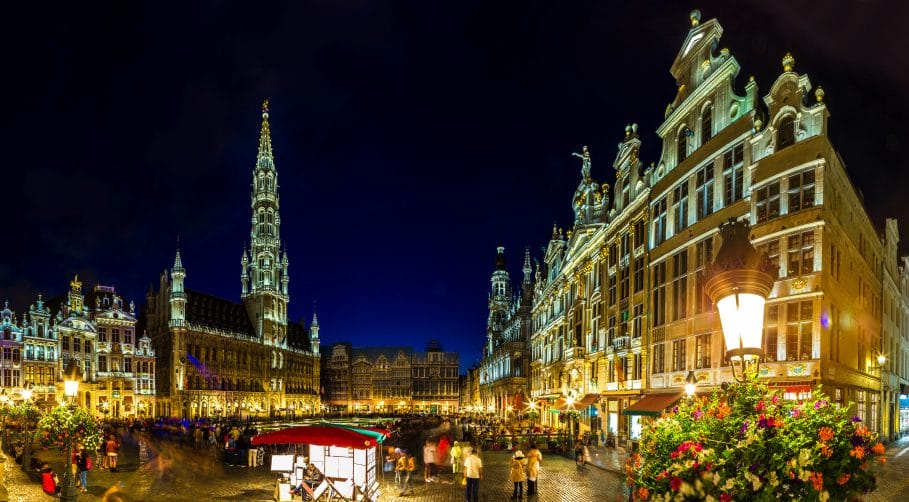Panorama of the Grand Place at night in Brussels, Belgium