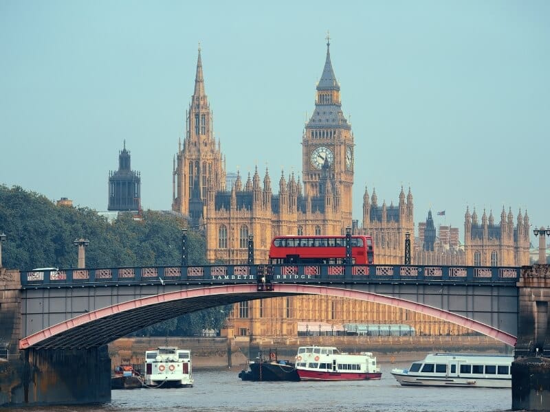 Westminster Abbey and a London Red bus