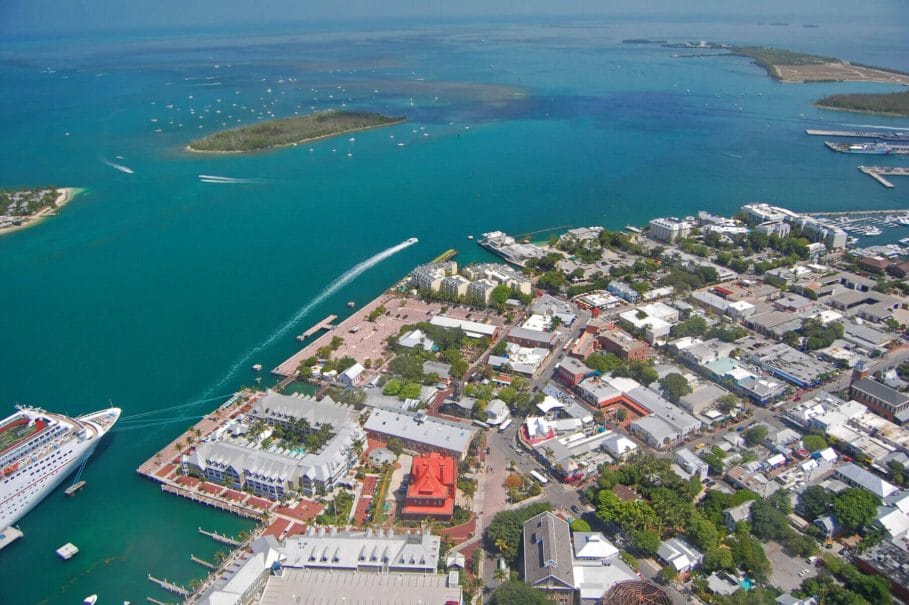 aerial view over northern key west including mallory square and cruise liner