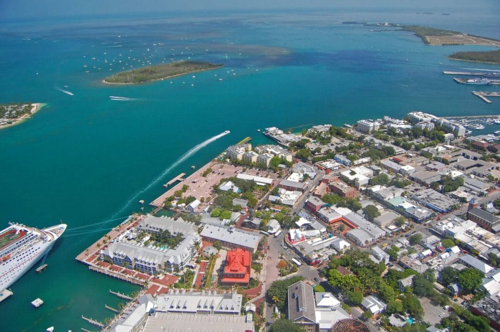 aerial view over northern key west including mallory square and cruise liner
