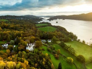 Aerial view of Windermere lake, the largest natural lake in both the Lake District and in England, Cumbria, UK