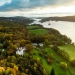 Aerial view of Windermere lake, the largest natural lake in both the Lake District and in England, Cumbria, UK