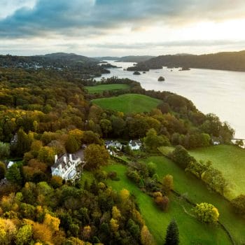 Aerial view of Windermere lake, the largest natural lake in both the Lake District and in England, Cumbria, UK