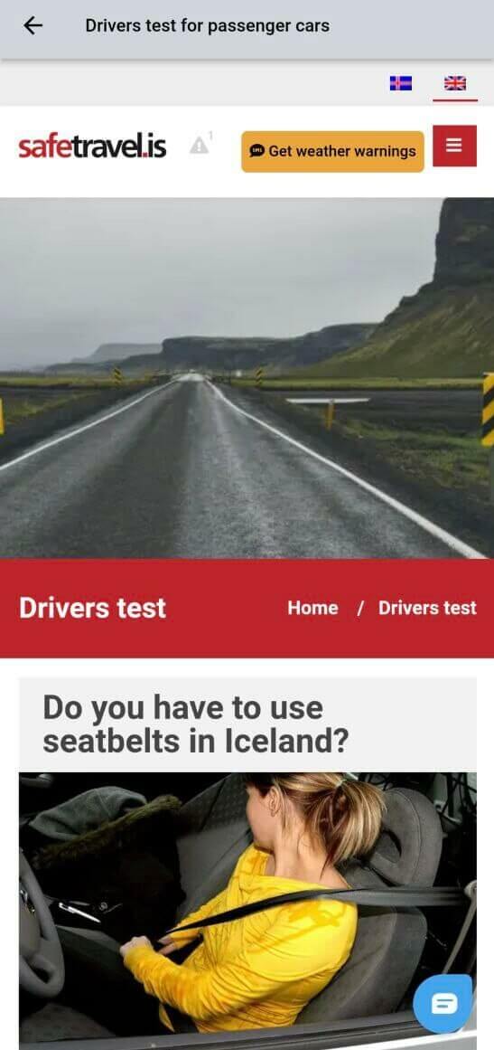 Screenshot of the Safetravel Iceland App showing the driver test