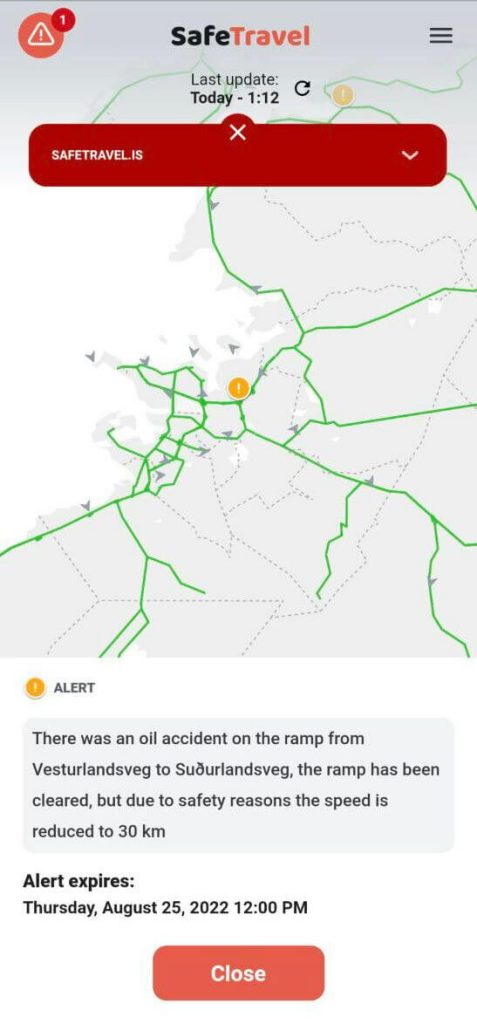 Screenshot of the Safetravel Iceland App showing the map with alerts
