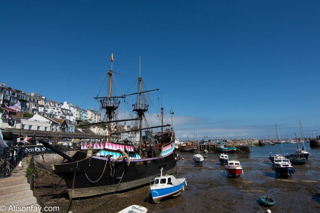 Golden Hind Museum Ship in Brixham Harbour, a replica of the ship originally sailed by Captain Sir Francis Drake around the world.