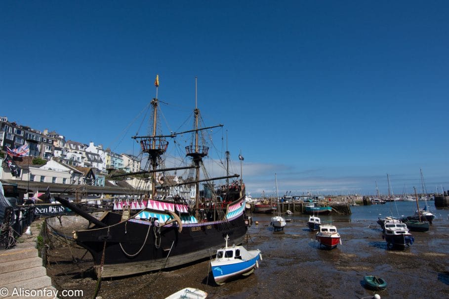 Golden Hind Museum Ship in Brixham Harbour, a replica of the ship originally sailed by Captain Sir Francis Drake around the world.