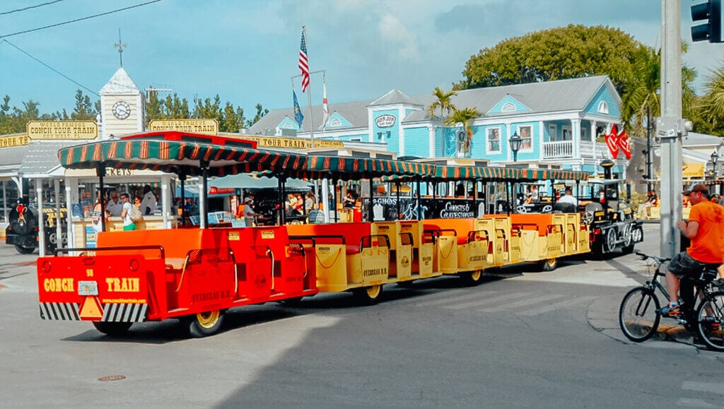 The yellow and red Conch Tour Train in Key West.