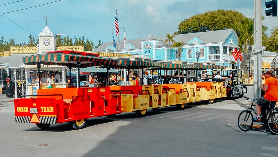 The yellow and red Conch Tour Train in Key West.