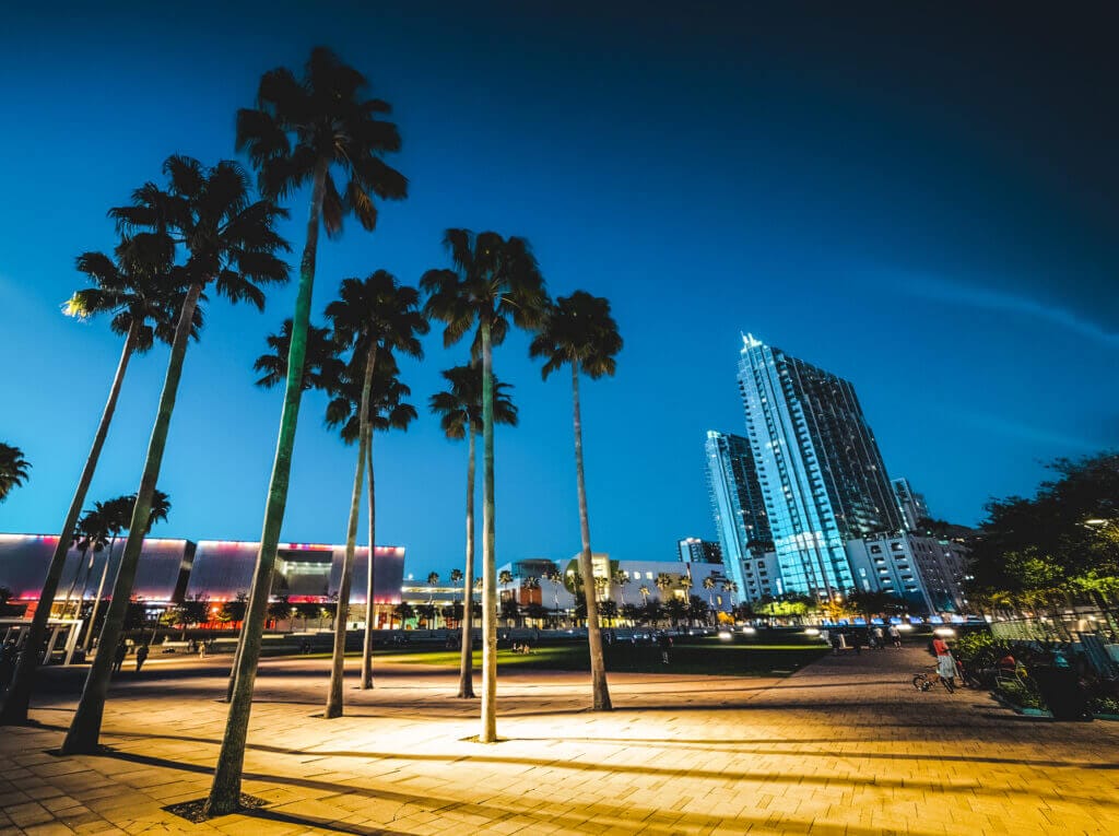 Curtis Hixon waterfront park at night where you will go during a segway tour of Tampa