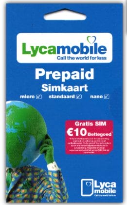 Lycamobile premade simcard packaging, that reads prepaid simkaart and lists micro, standard and nano sizing