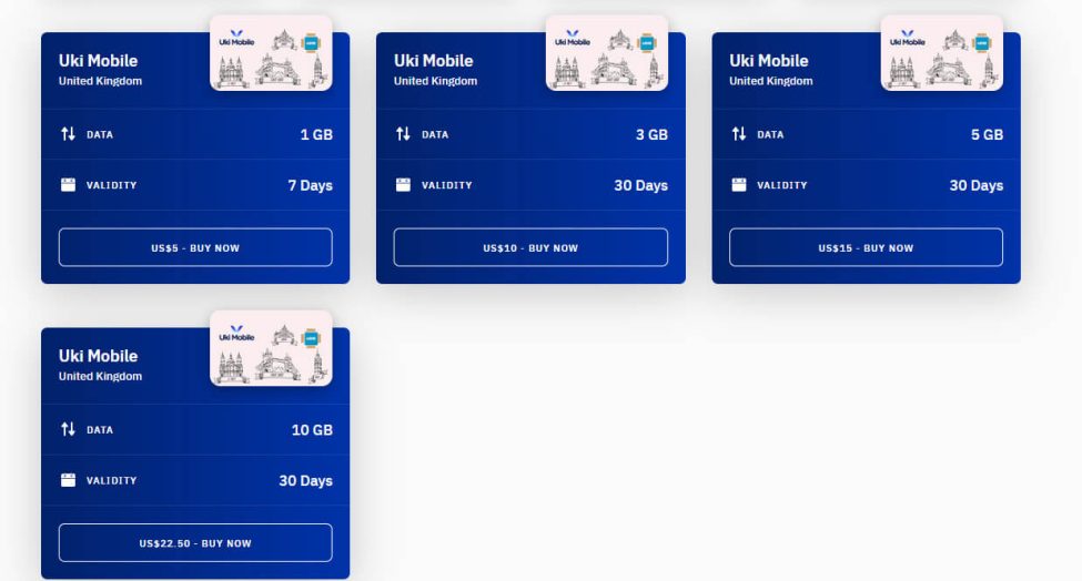 screenshot of UK eSim cards offered by Airalo.com