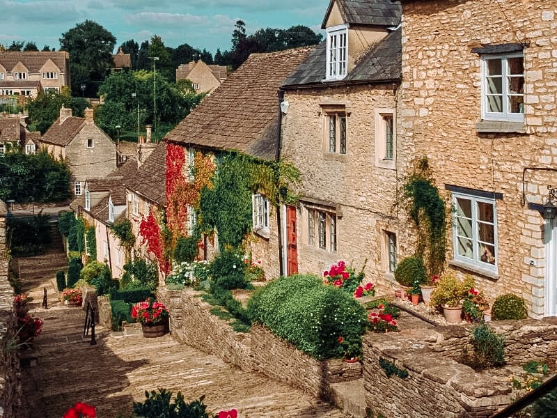 Street in Tetbury decorated with flowers