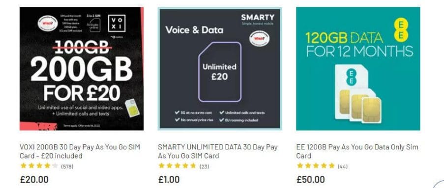 sim cards for sale on the argos website in september 2022. screenshot shows 3 sim cards from voxi, smarty and EE. 