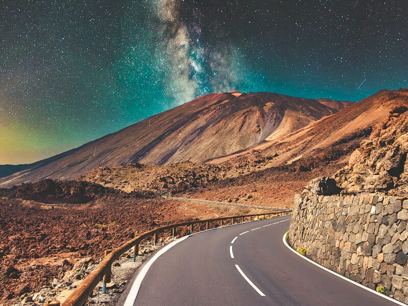 View of the milky way above Mount Teide from the road.