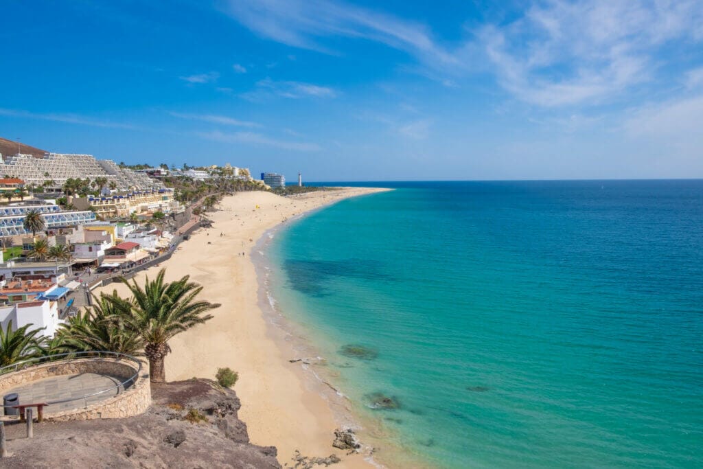 Aerial view on beach Morro Jable - Playa del Marotorral - in Jandia on the Canary Island Fuerteventura, Spain.