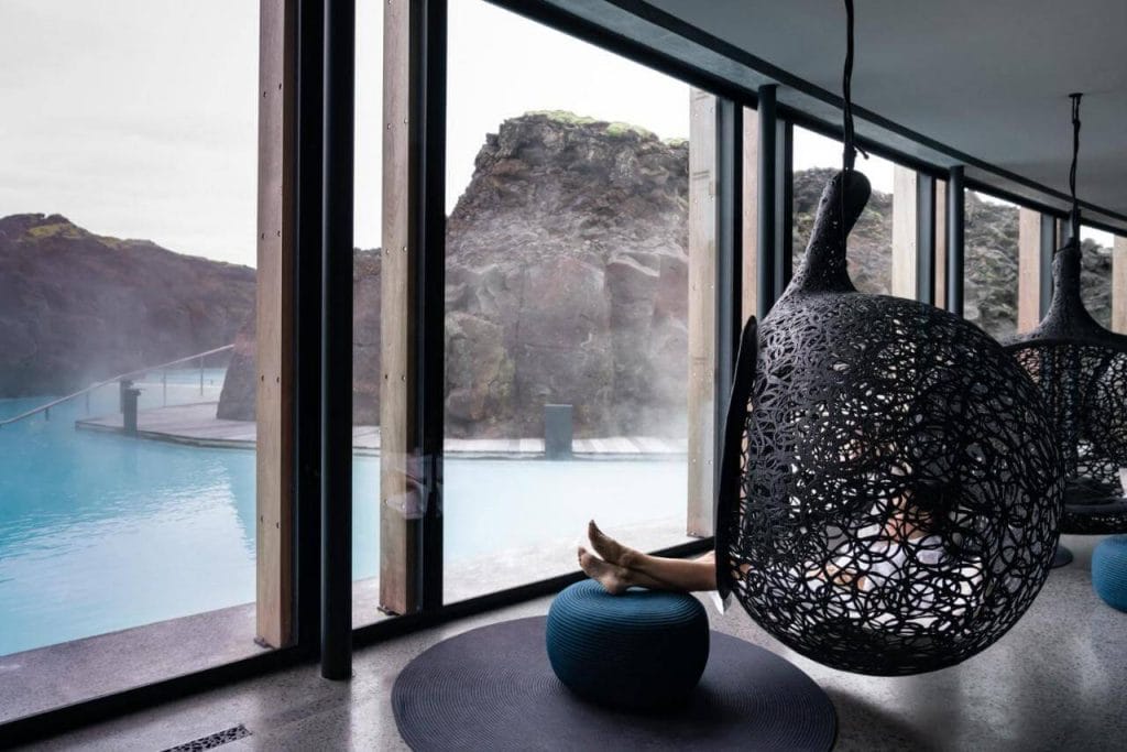 lounging area at the retreat hotel with views of the blue lagoon