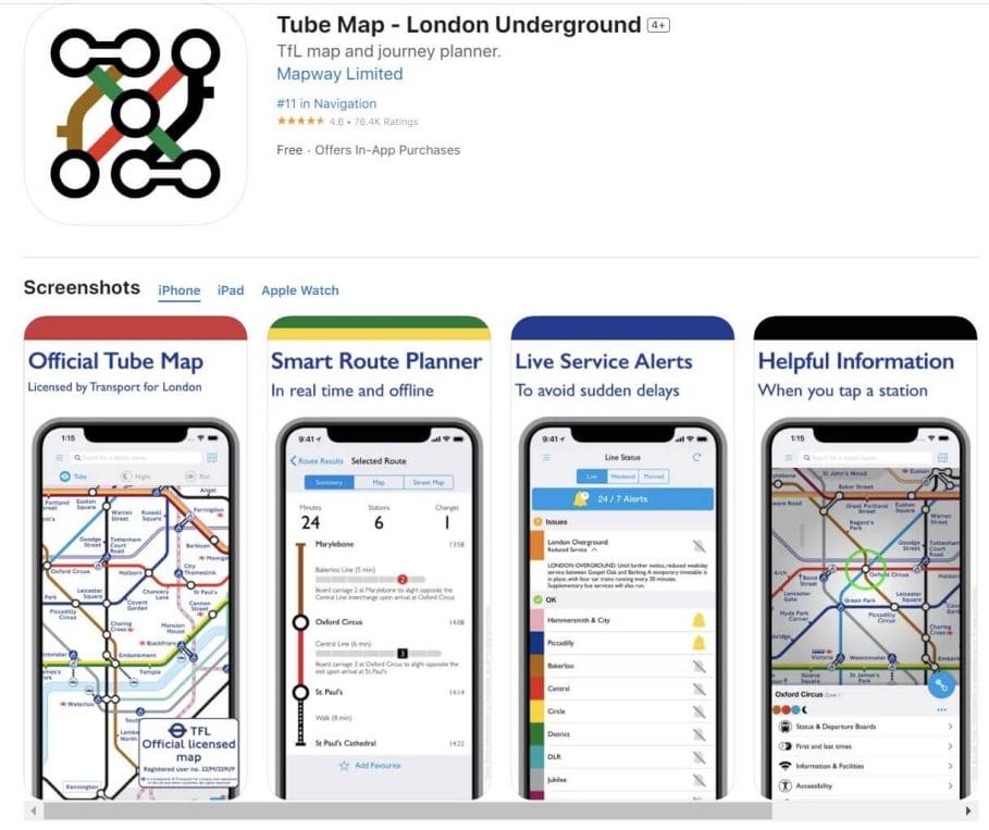 Tubemap app on iOS app store