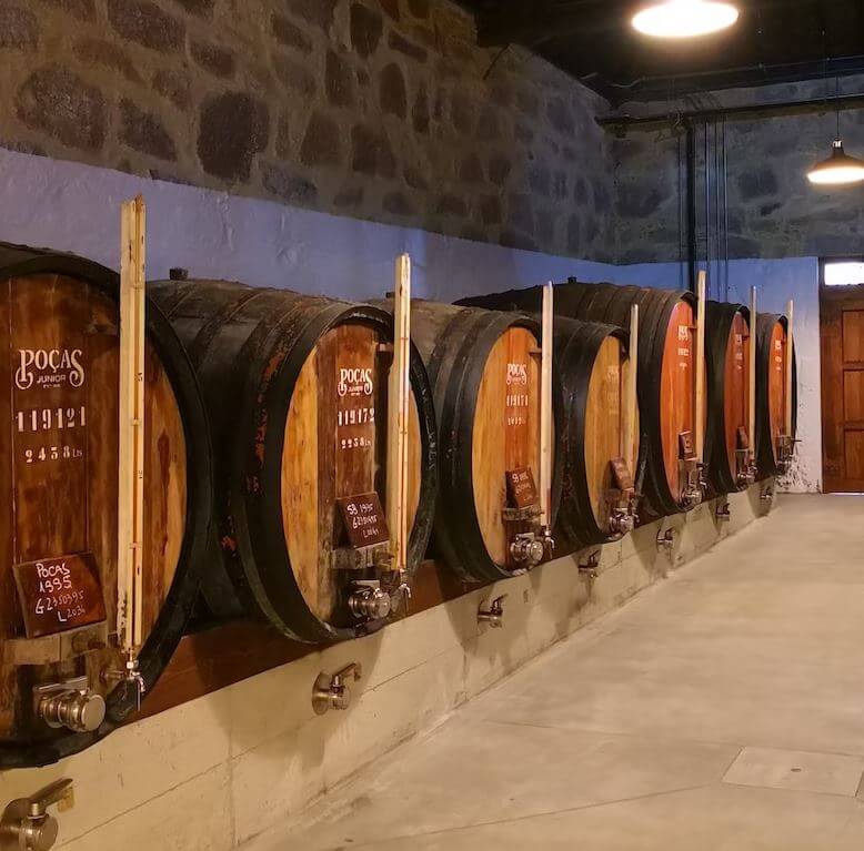 Wine barrels in the Pocas Wine Cellar