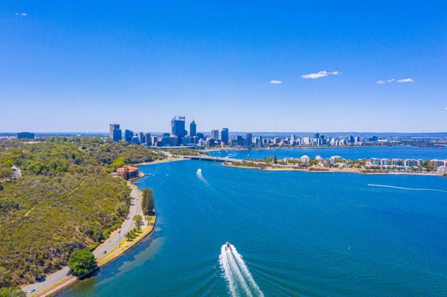 Skyline of in Perth in Australia showing swan river