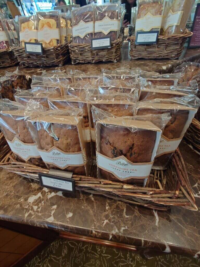 yorkshire tea loaf cake in bettys tea room shop.