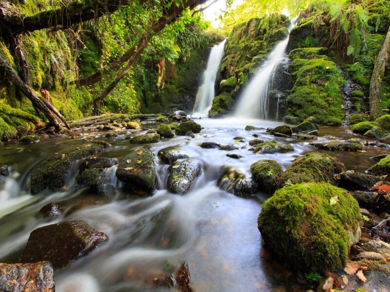 waterfall in dartmoor flowing over mossy rocks