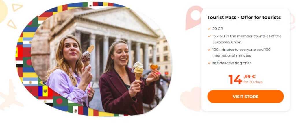 Windtre tourist pass that reads - offer for tourists. 20GB data, 13.7GB in the member countries of the European Union. 100 minutes to everyone and 100 international minutes. Self-deactivating offer. 14.99euros for 30 days.