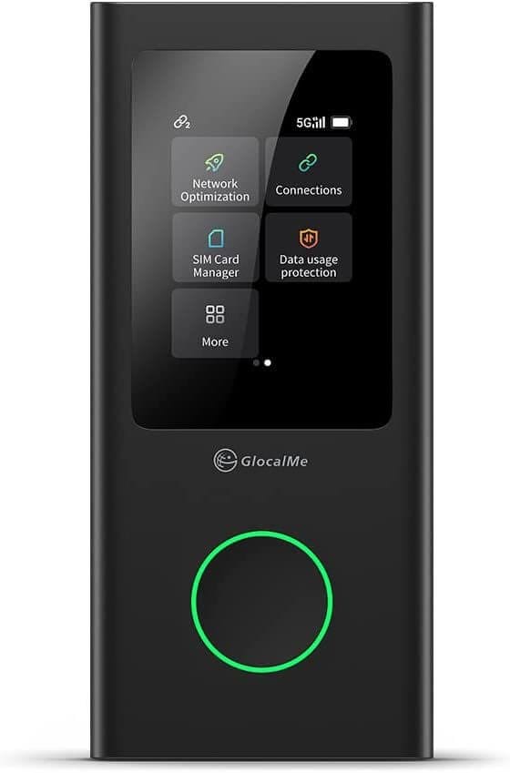 Glocalme 5g portable wifi device. black, device with a touch screen