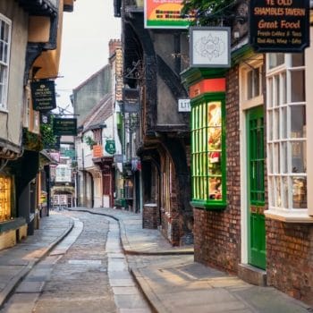 The Shambles in the city of York. The street is emtpy as the photo was taken in the early morning.