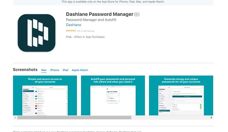 Screenshot of dashlane password manager in the Apple app stor showing an overview of the password manager and which devices it is available for (Mac, iPhone, iPad, Apple Watch)