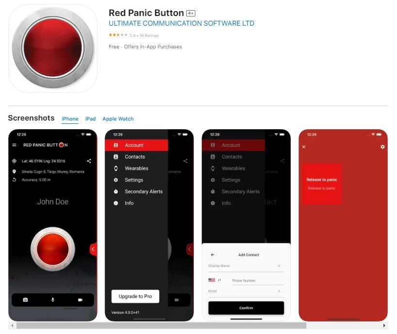 Screenshot of Red Panic Button in the Apple App Store, showing its available for ipHone, iPad and Apple watch.