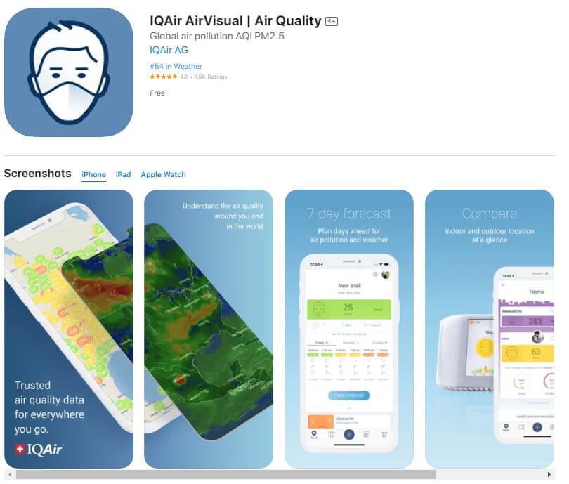screenshot showing IQAir AirVisual Air Quality in the iOS Apple app store